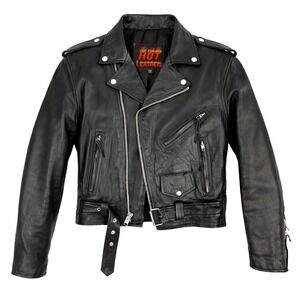Hot Leathers Black Leather Motorcycle Jacket Mens 36 Biker Belted Zip Bike Ride